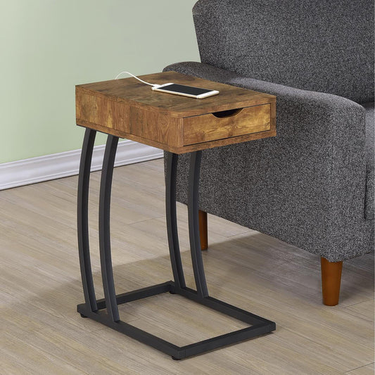 Rustic brown wood Ctable with black metal frame and phone charging