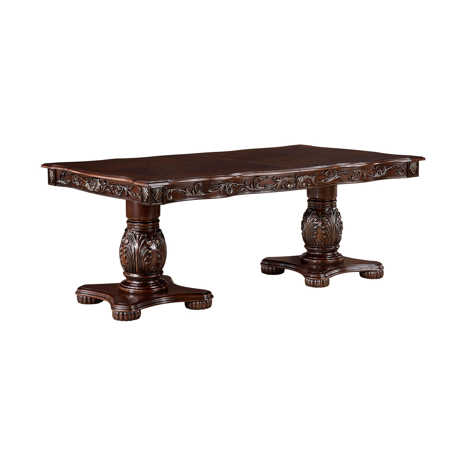 Ornate dark wood dining table with dual pedestal bases classic carved detailing