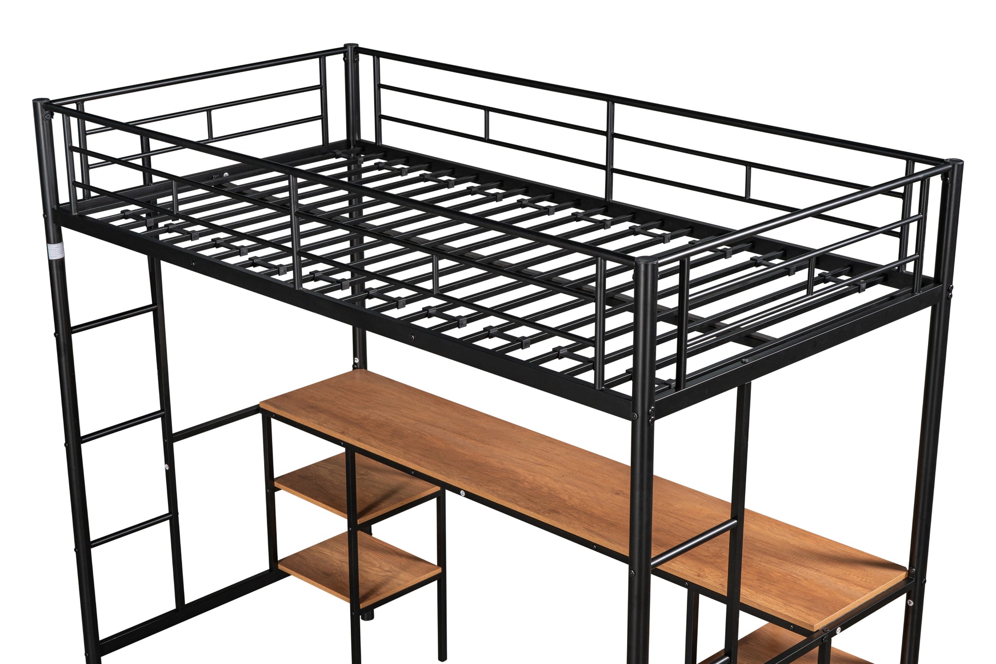 Black metal loft bed frame with integrated wood desk and shelves