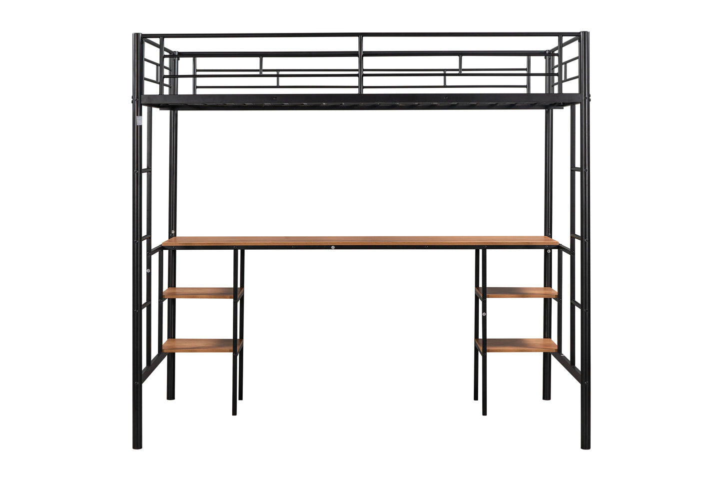 Black metal loft bed with wood desk and shelving