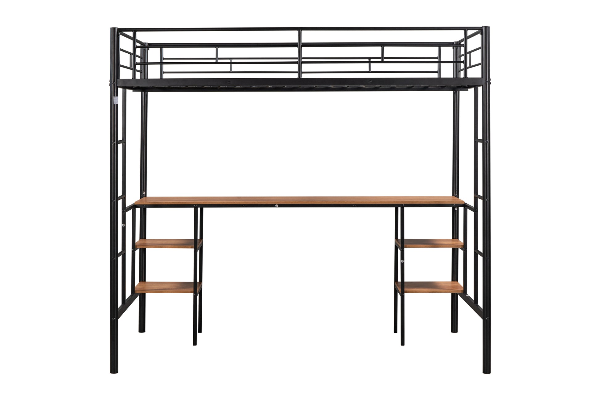 Black metal loft bed with wood desk and shelving