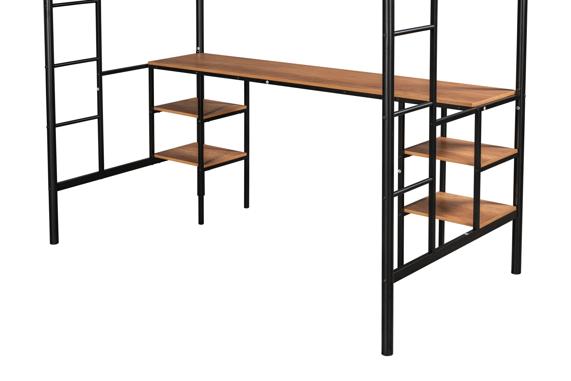 Black metal frame loft bed with wood grain desk and shelves
