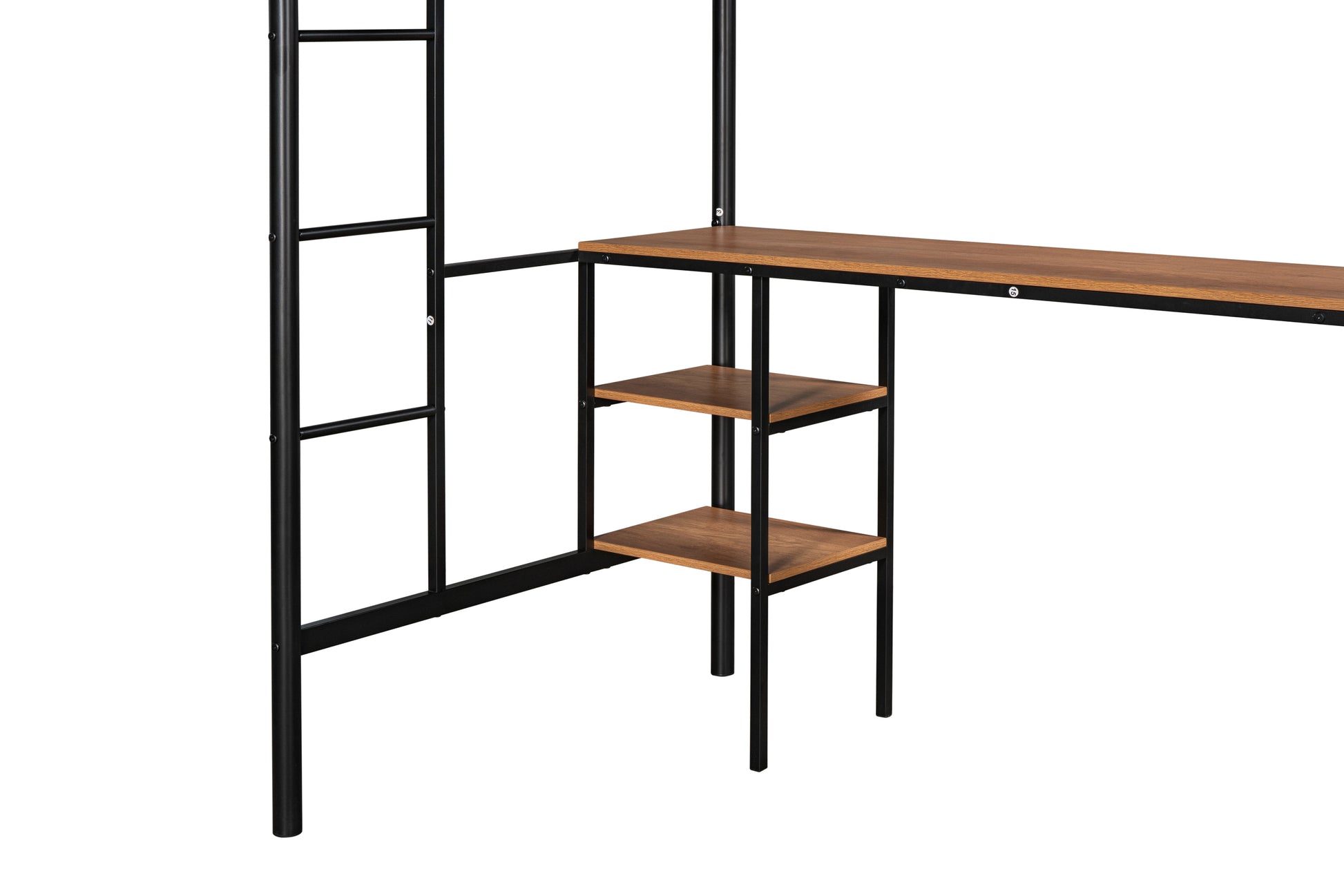 Black metal loft bed frame with natural wood desk and shelves