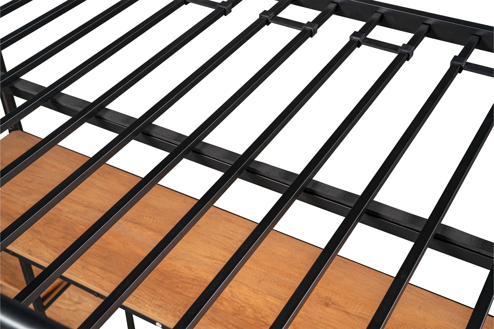 Black metal bed frame with wooden slat support