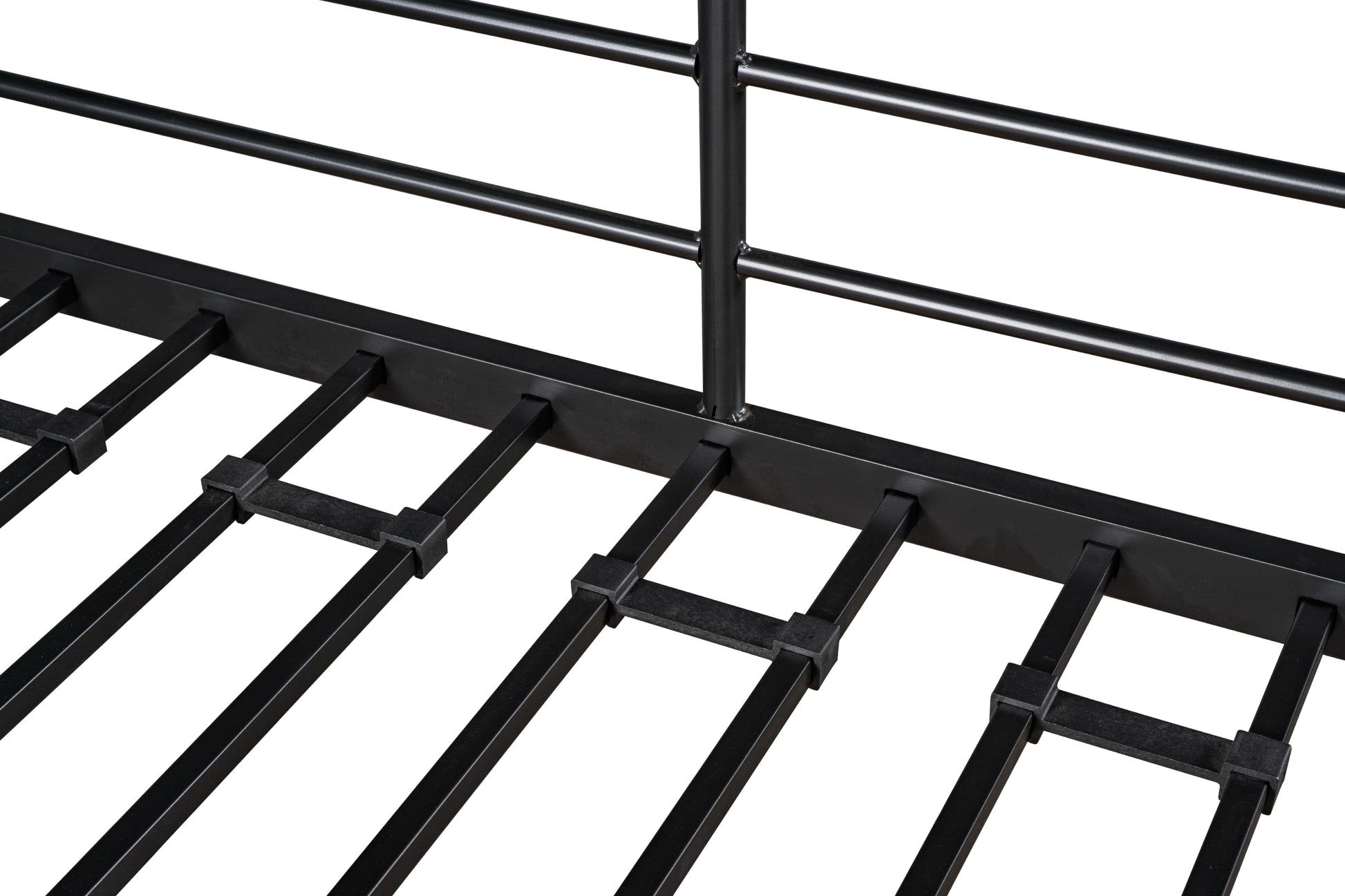 Black metal bed frame slats with horizontal support bars