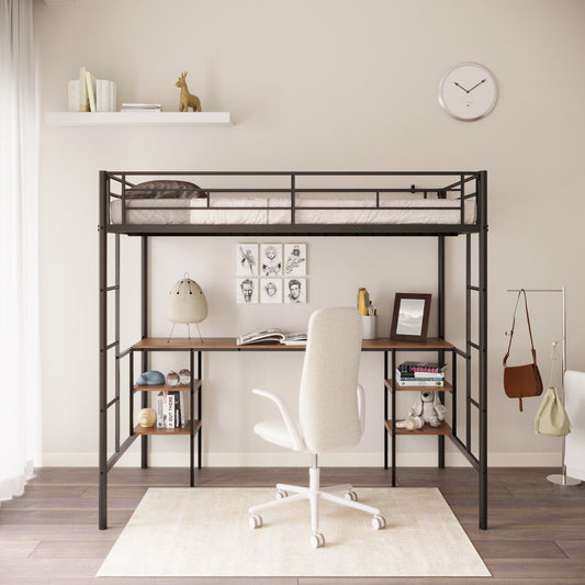 TREATLIFE HOME Twin-Size Loft Bed with Integrated Table and Shelves, Heavy-Duty Sturdy Metal Construction, Noise-Reducing Design, Black