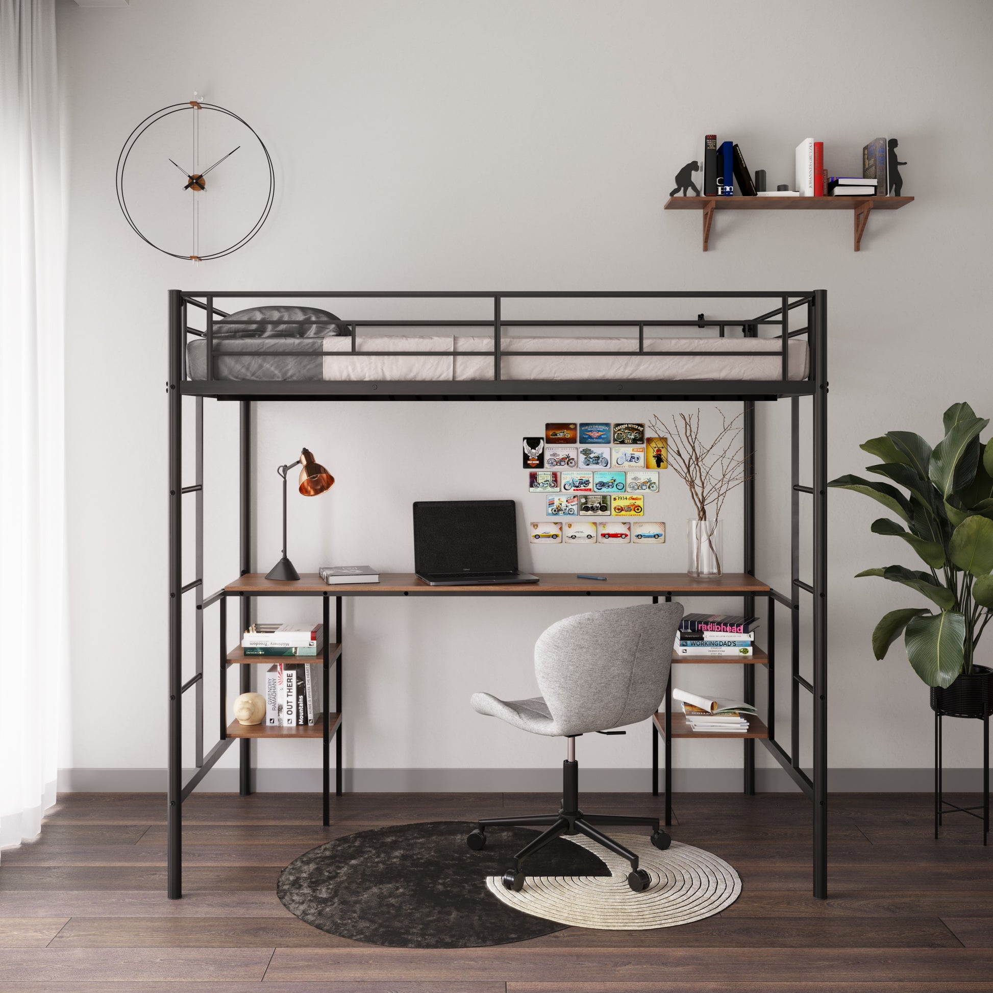 Black metal loft bed with integrated desk and shelves ideal for small spaces