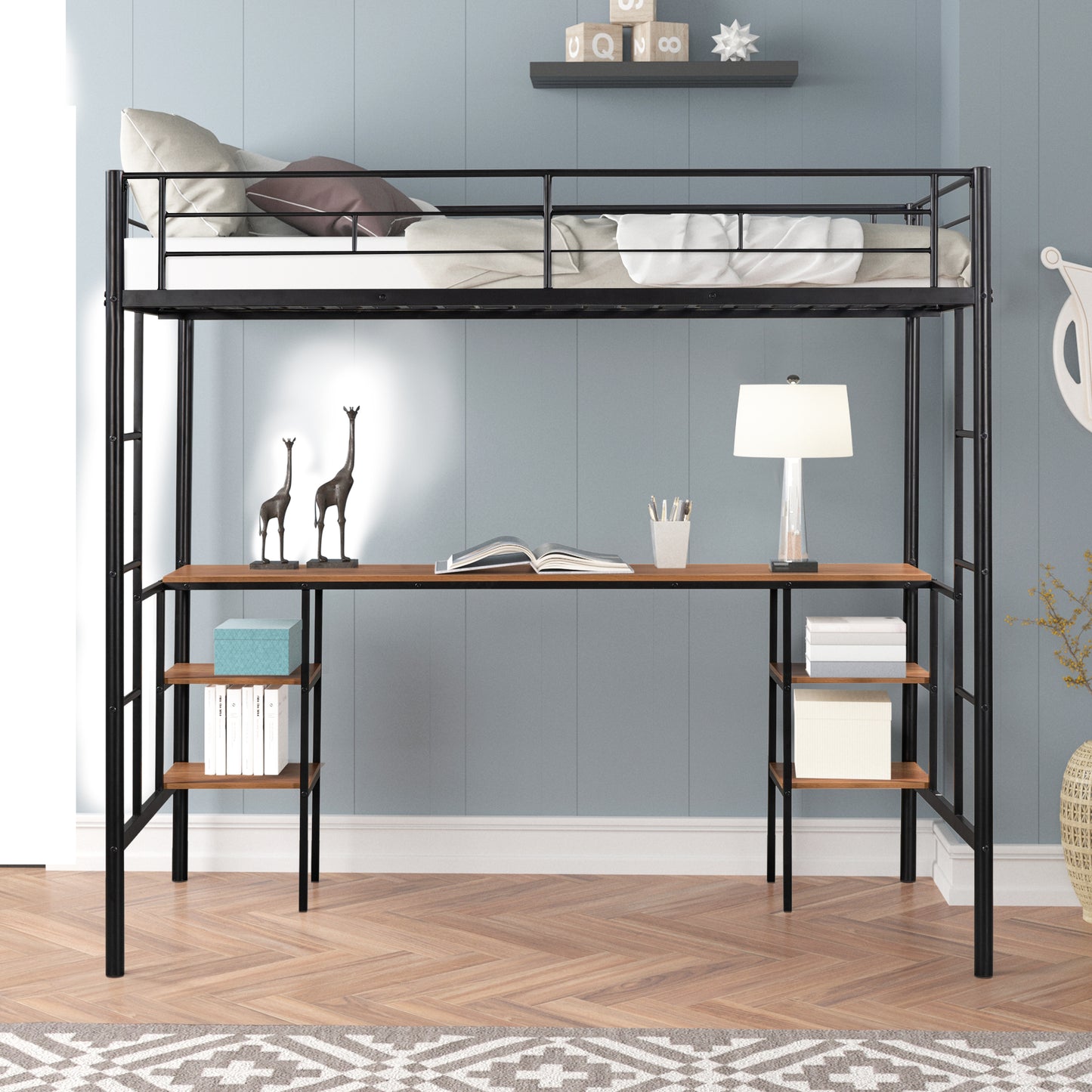 Black metal loft bed with integrated wooden desk and shelves