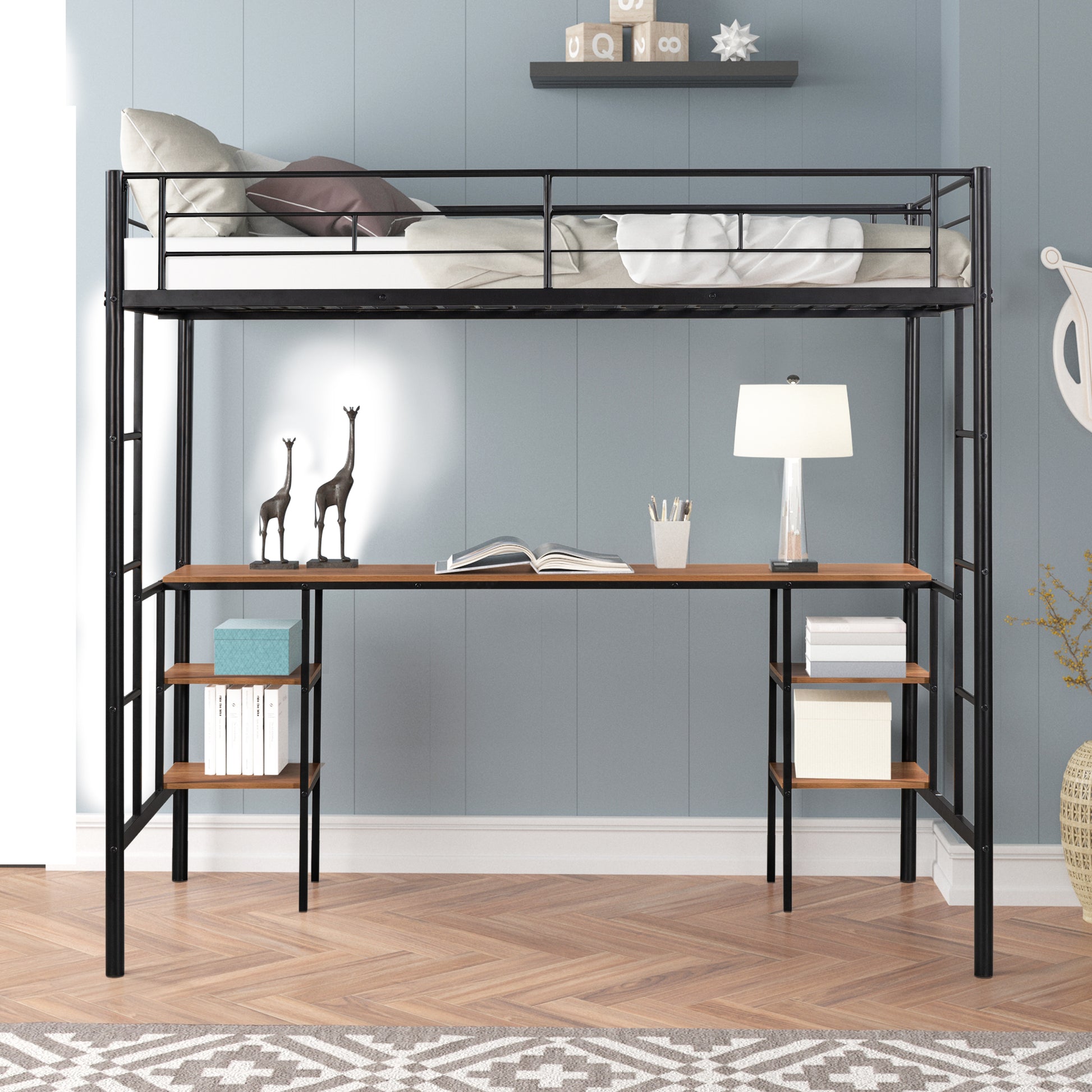 Black metal loft bed with integrated wooden desk and shelves