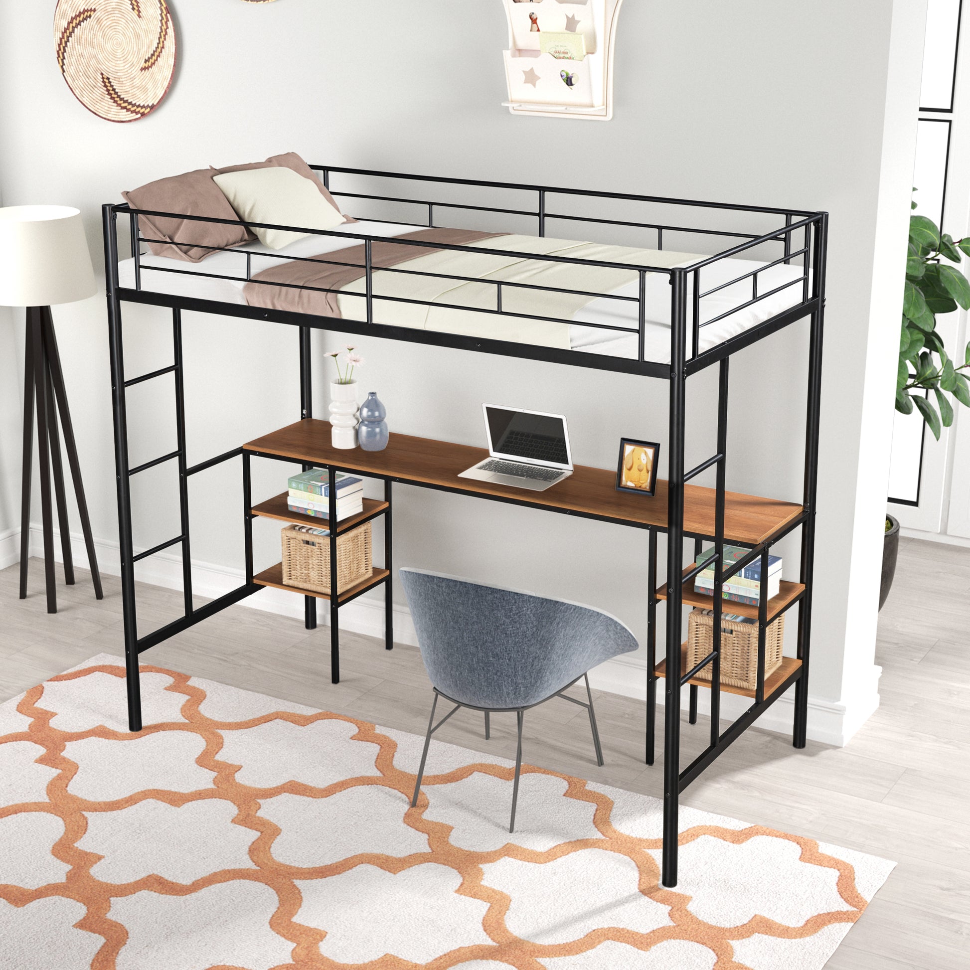 Black metal loft bed with integrated desk and shelving