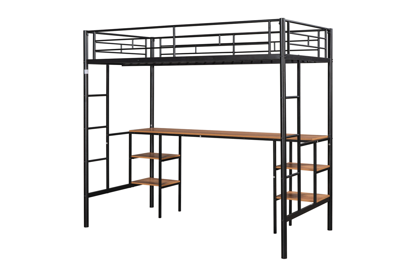 Black metal loft bed with integrated desk and shelves for kids