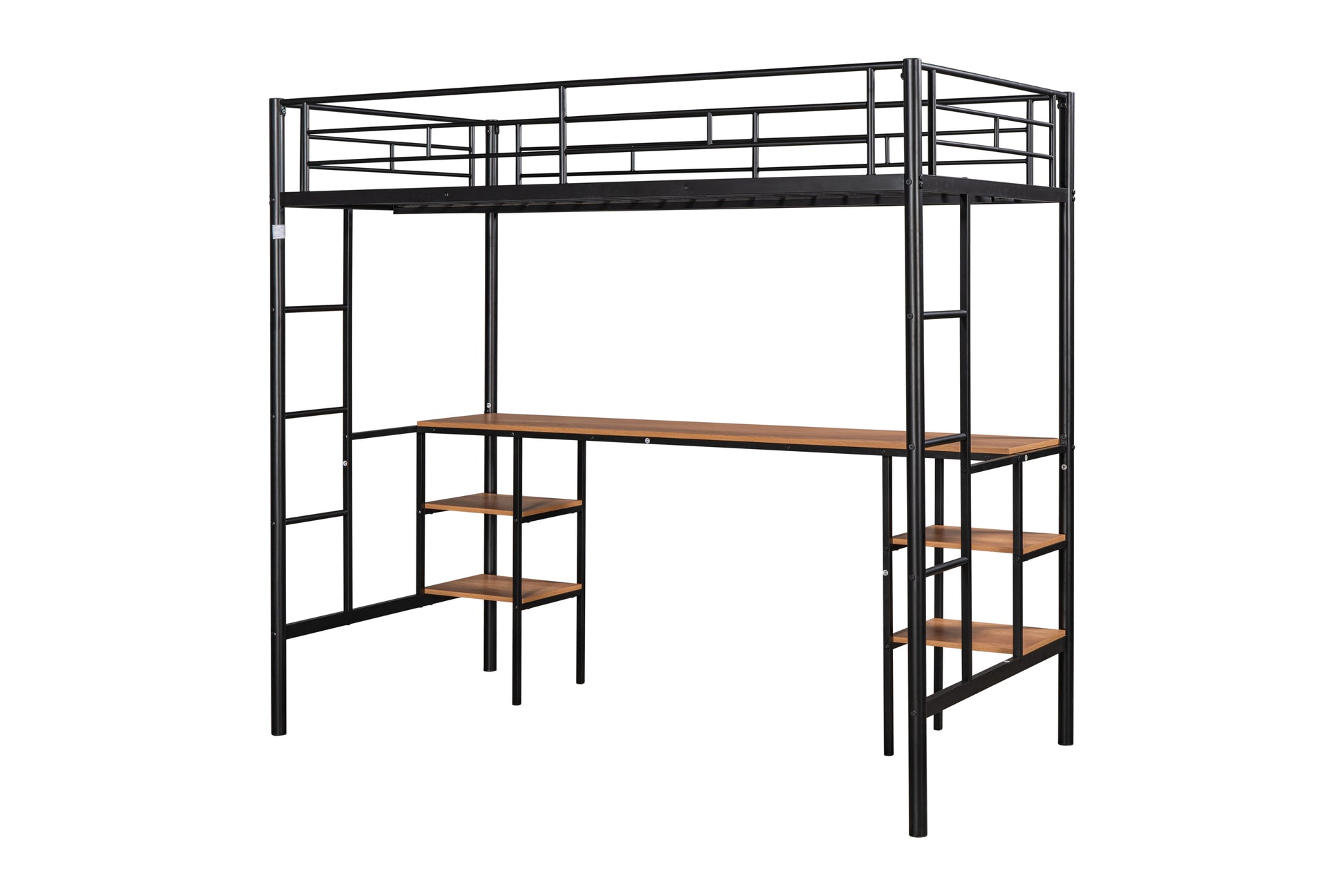 Black metal loft bed with integrated desk and shelves for kids