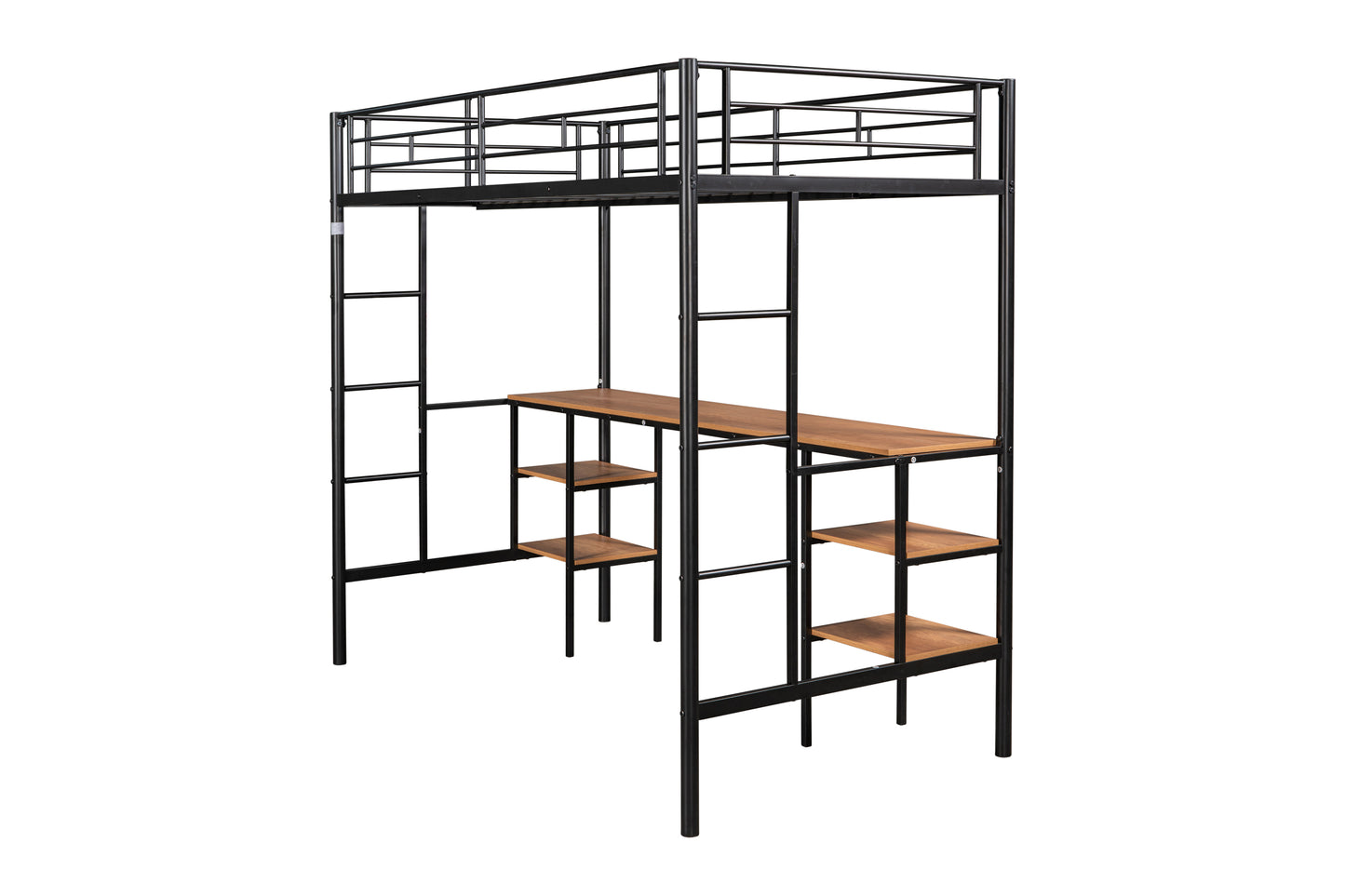 Black metal loft bed with wood desk and shelves