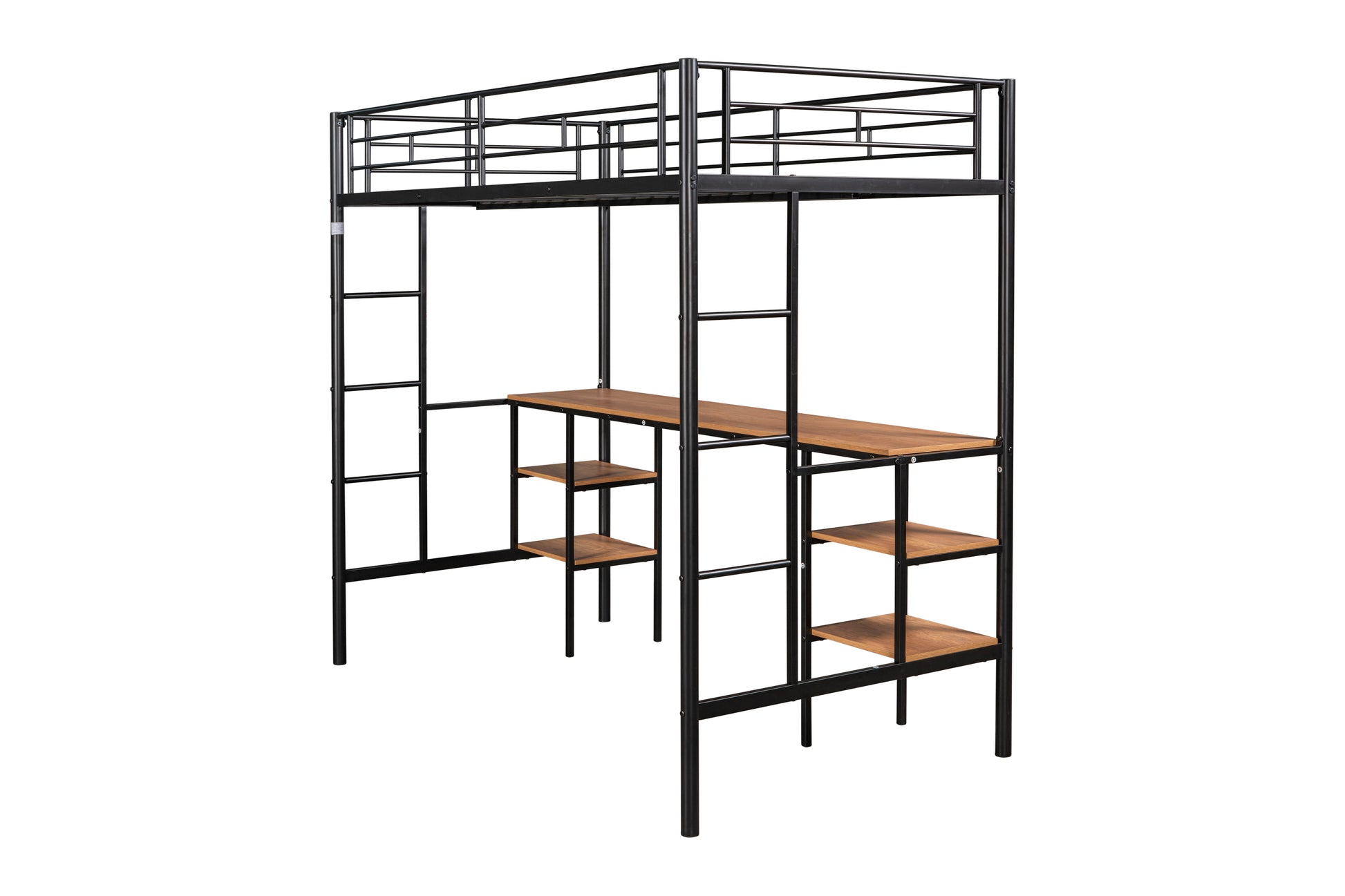 Black metal loft bed with wood desk and shelves