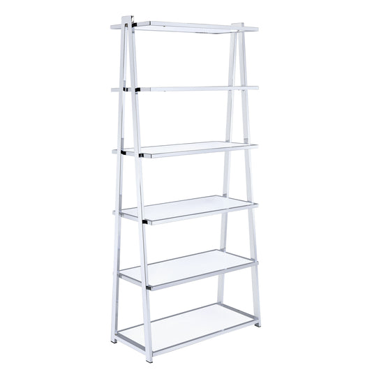 Modern chrome and glass ladder bookshelf with five shelves for home decor