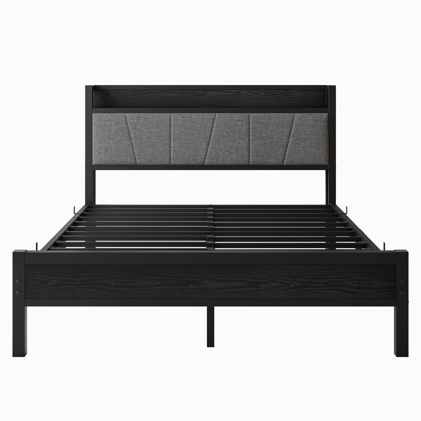 Dark wood platform bed frame with grey upholstered headboard