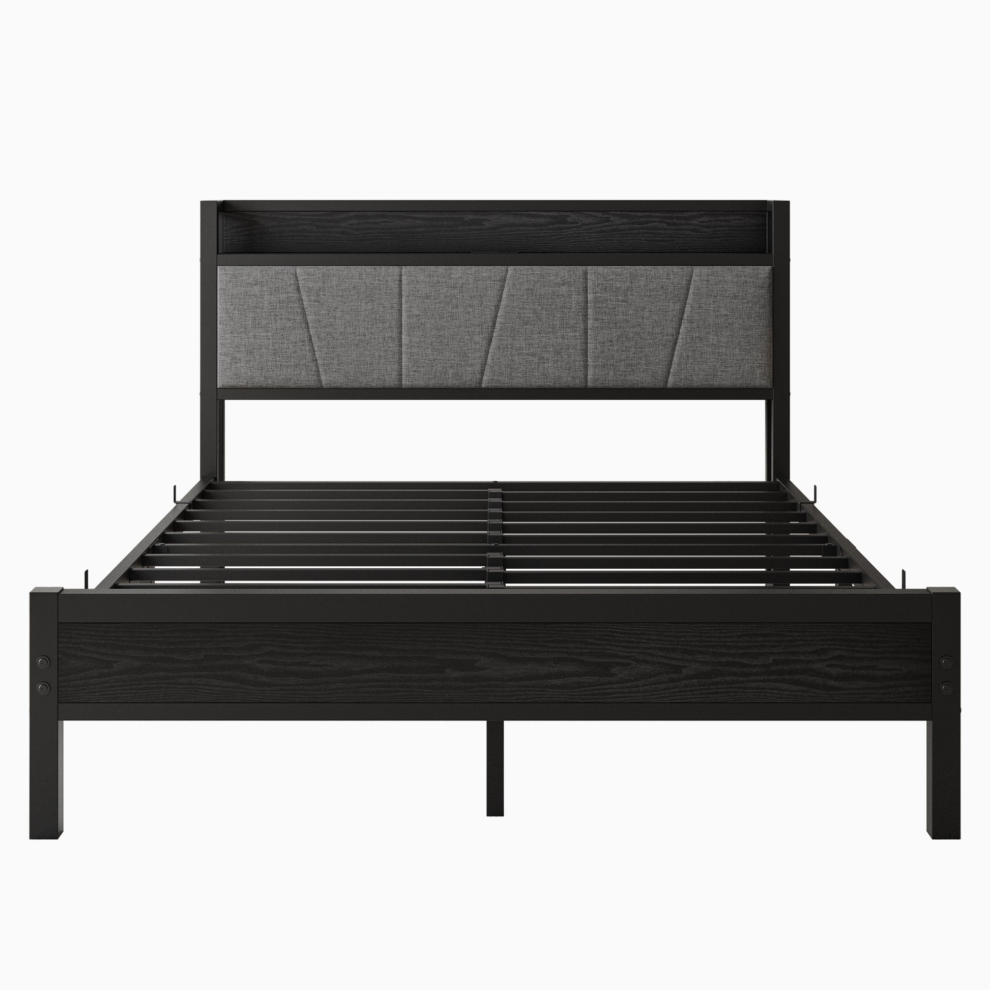 Dark wood platform bed frame with grey upholstered headboard