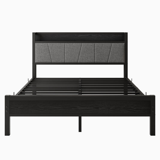 Dark wood platform bed frame with grey upholstered headboard