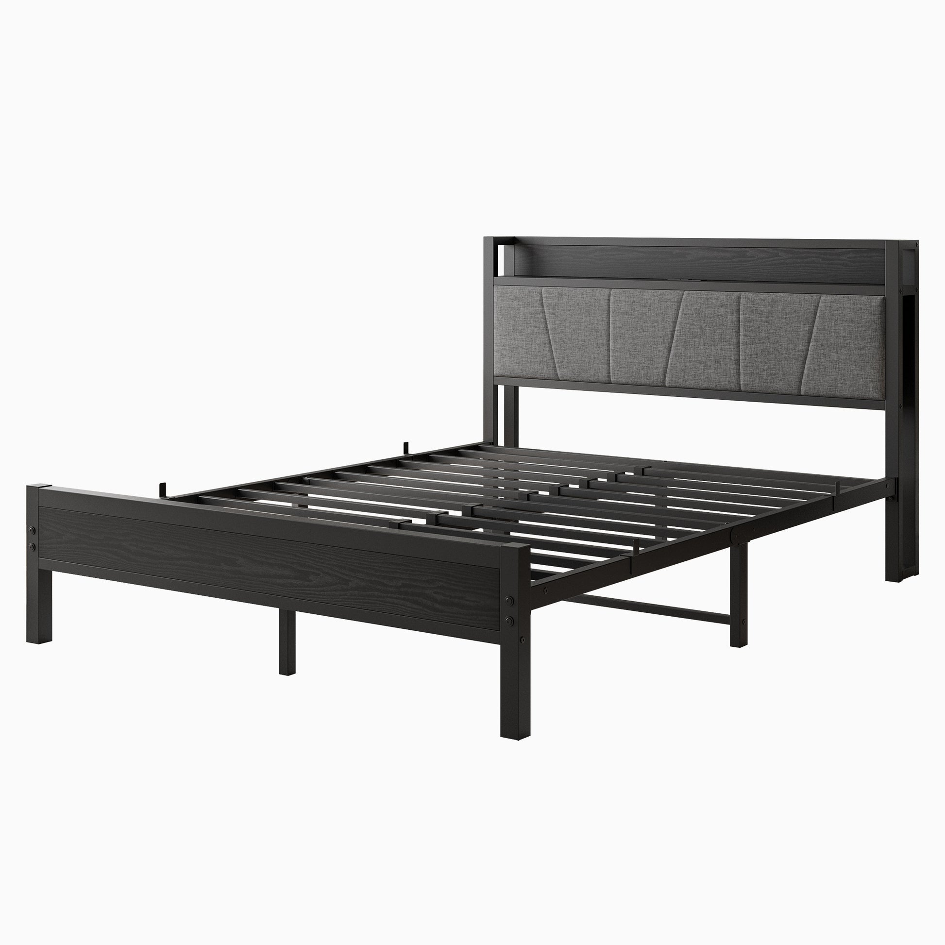Dark wood and grey upholstered queen bed frame with metal slats and headboard