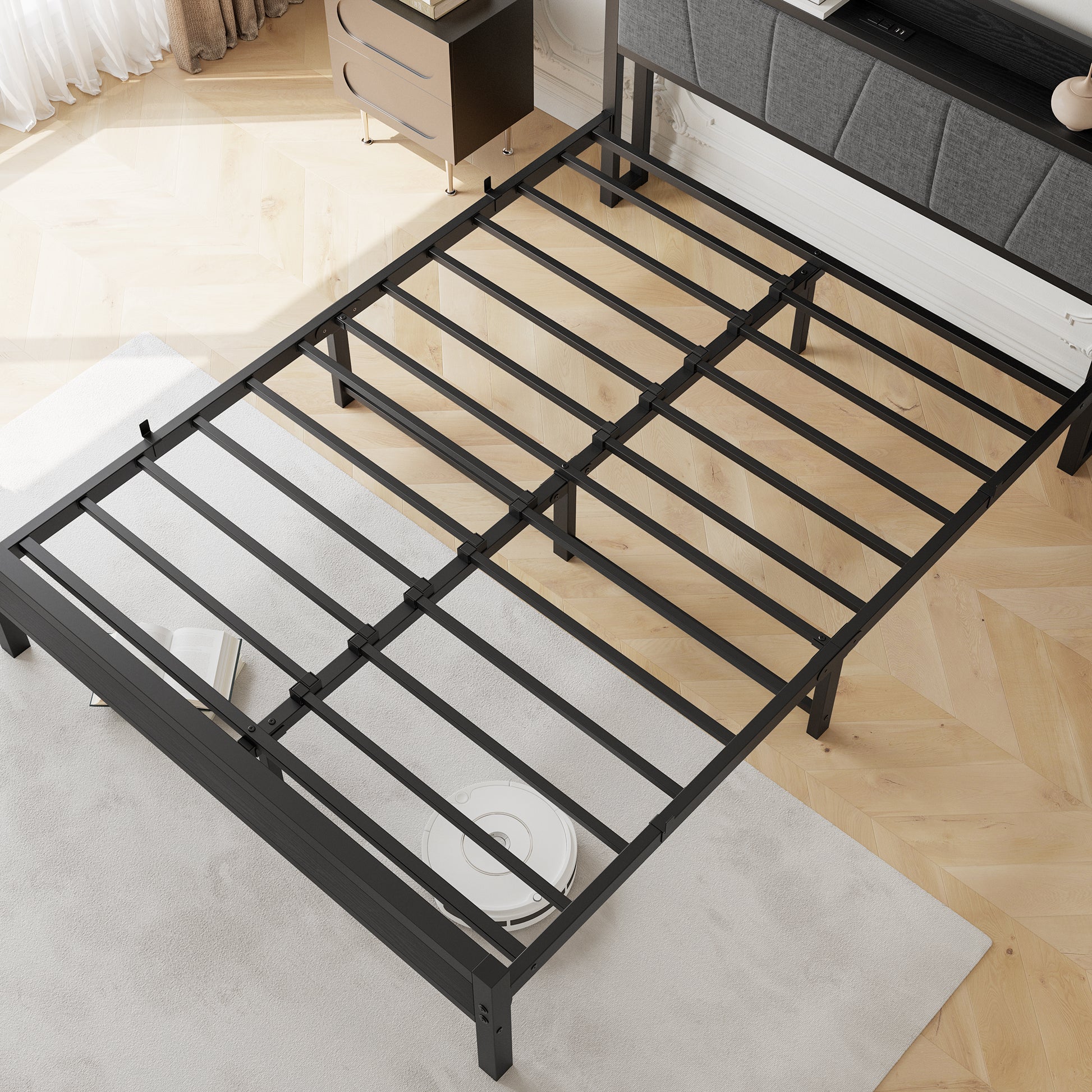 Black metal queen bed frame with upholstered headboard