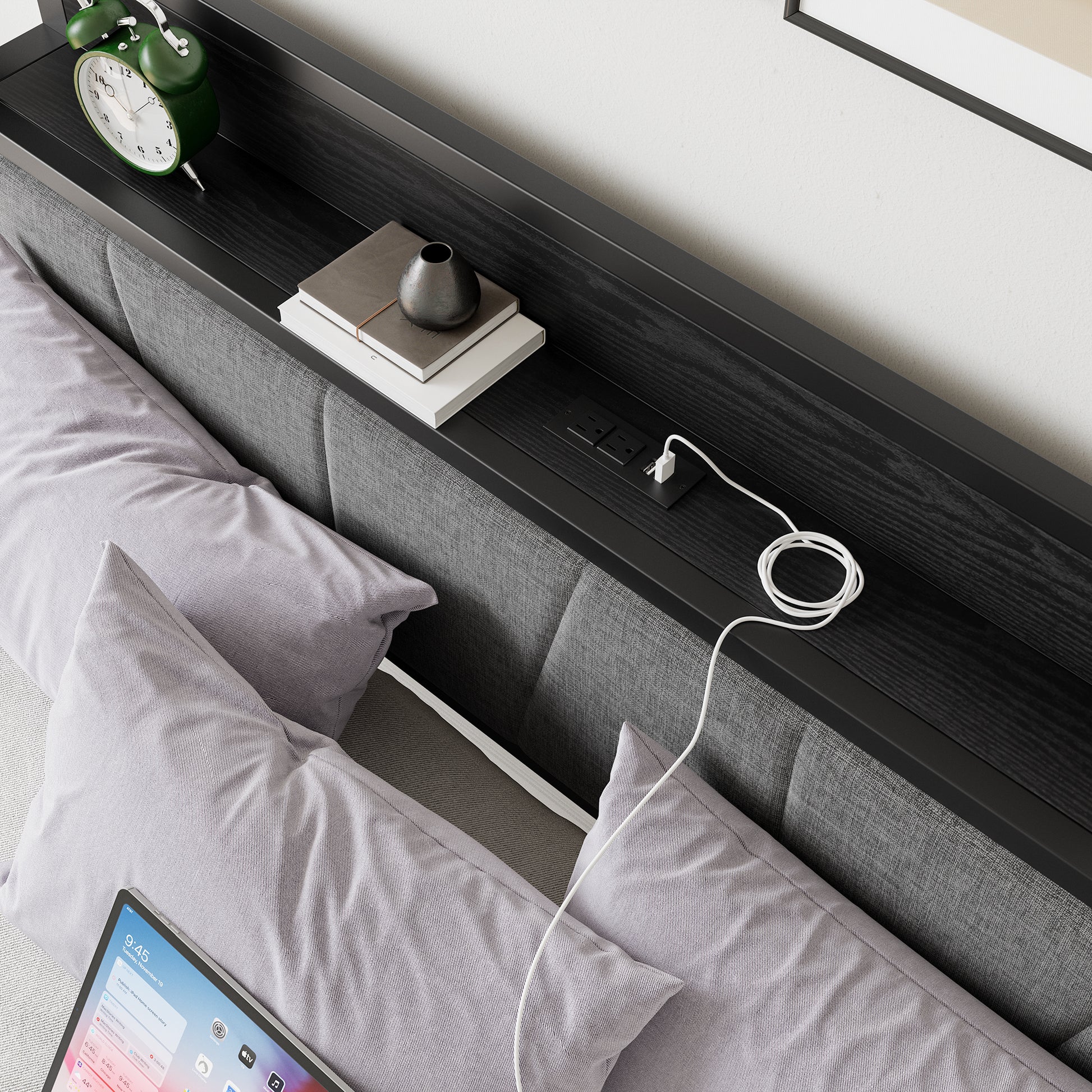 Upholstered modern bed frame with builtin bedside storage shelf and charging ports