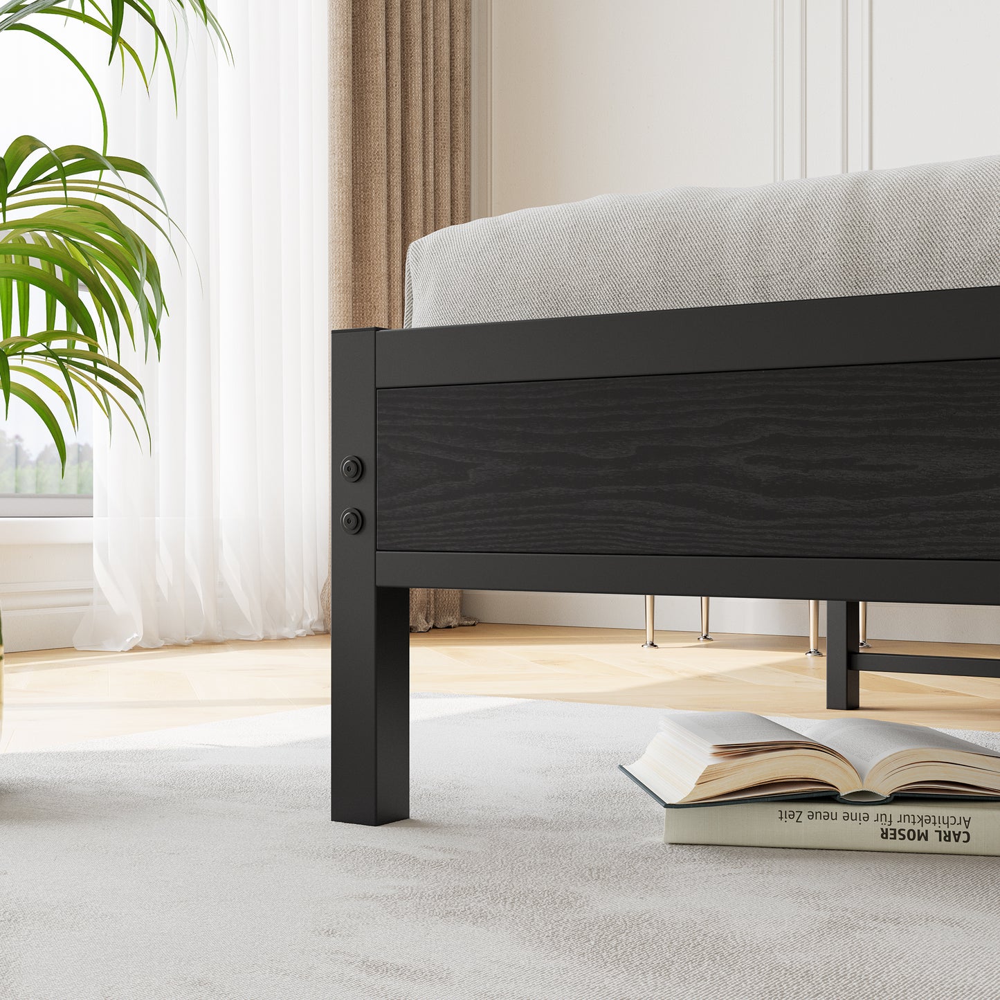 Black wood grain platform bed frame with minimalist design