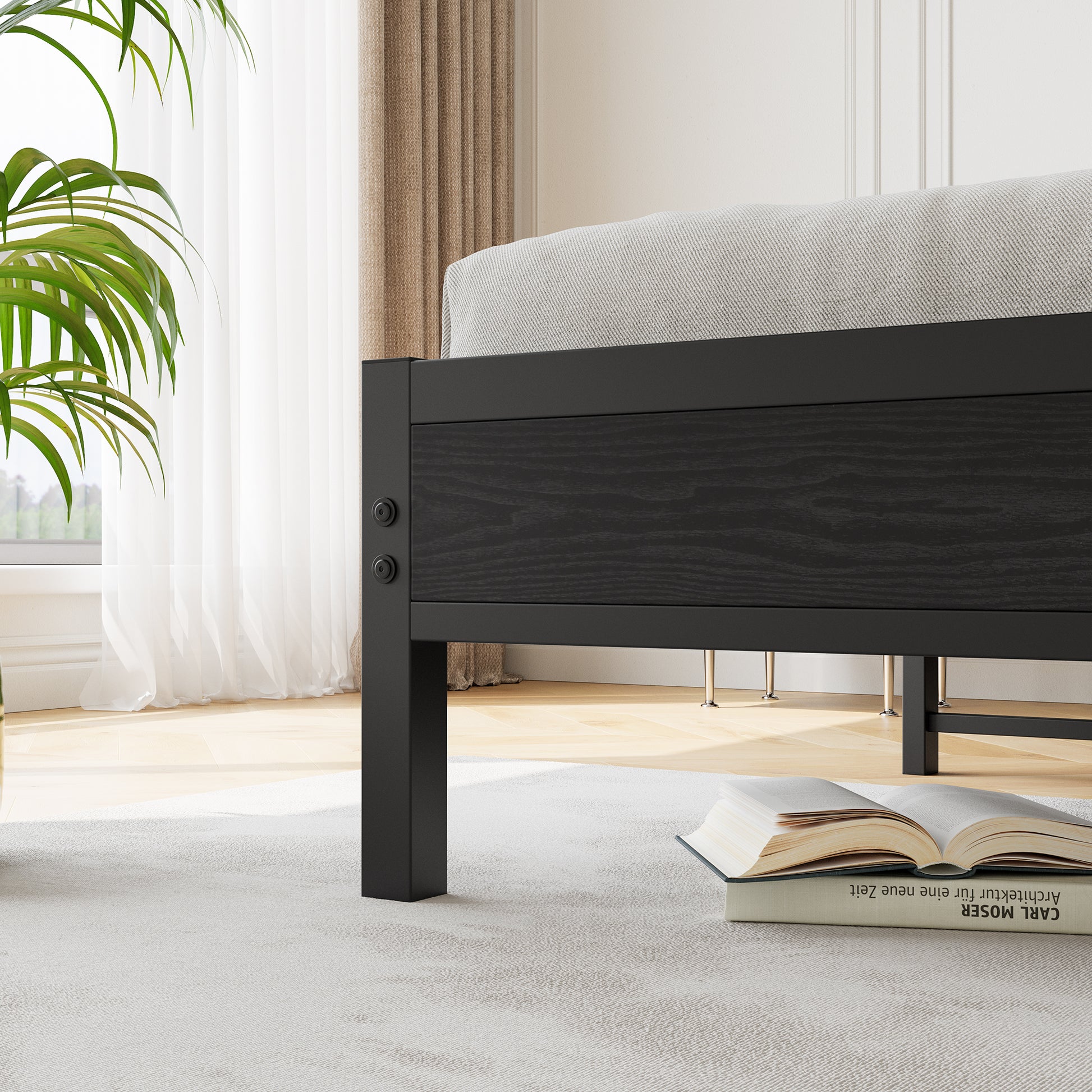 Black wood grain platform bed frame with minimalist design