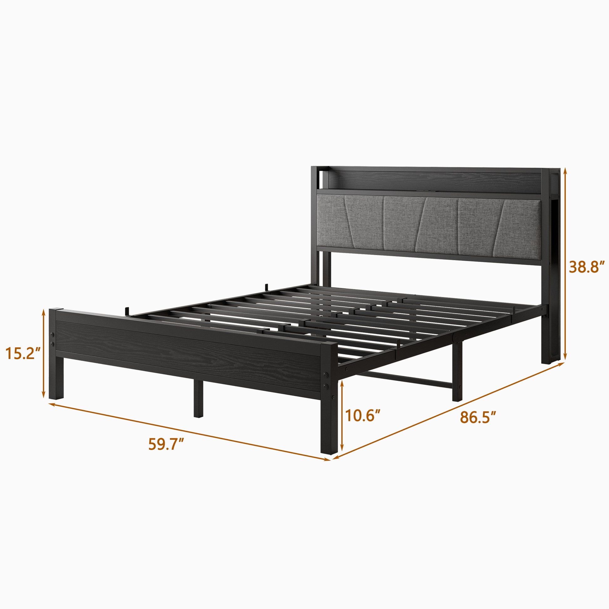 Dark wood and grey upholstered queen bed frame with open shelf headboard