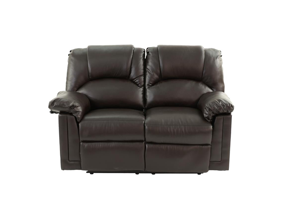 Dark brown leather loveseat recliner with plush cushions and padded arms