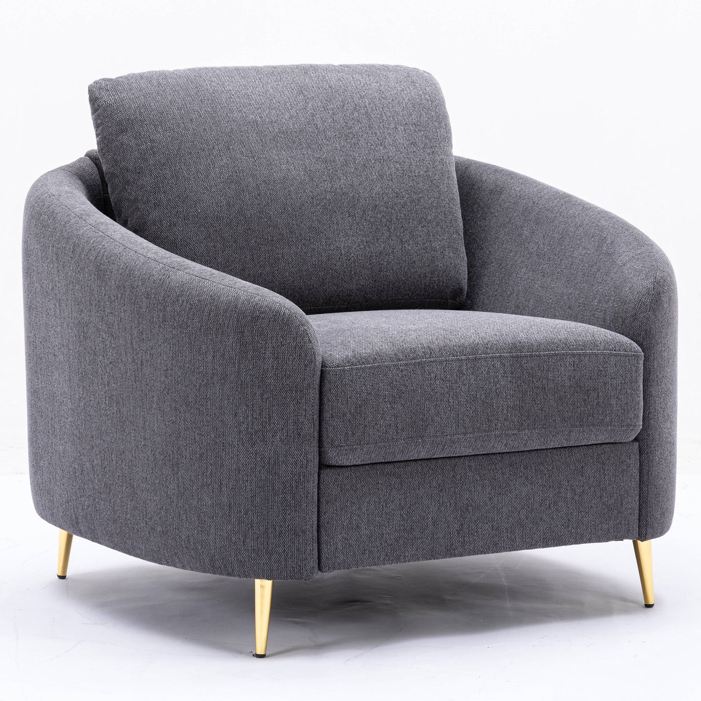 Dark gray fabric armchair with a comfortable cushion and gold tapered legs