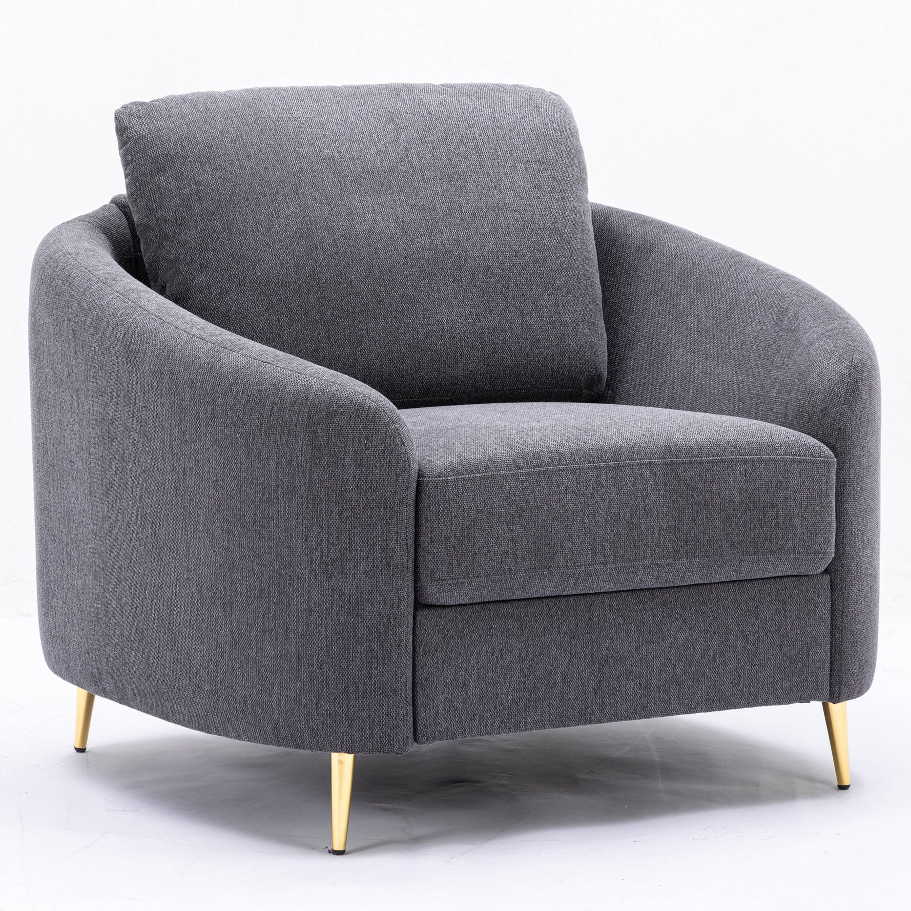 Dark gray fabric armchair with a comfortable cushion and gold tapered legs