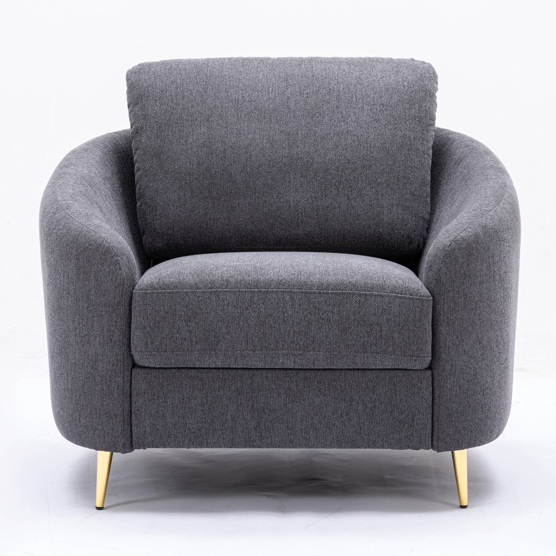 Dark grey fabric accent chair with plush seat and back cushions and gold legs