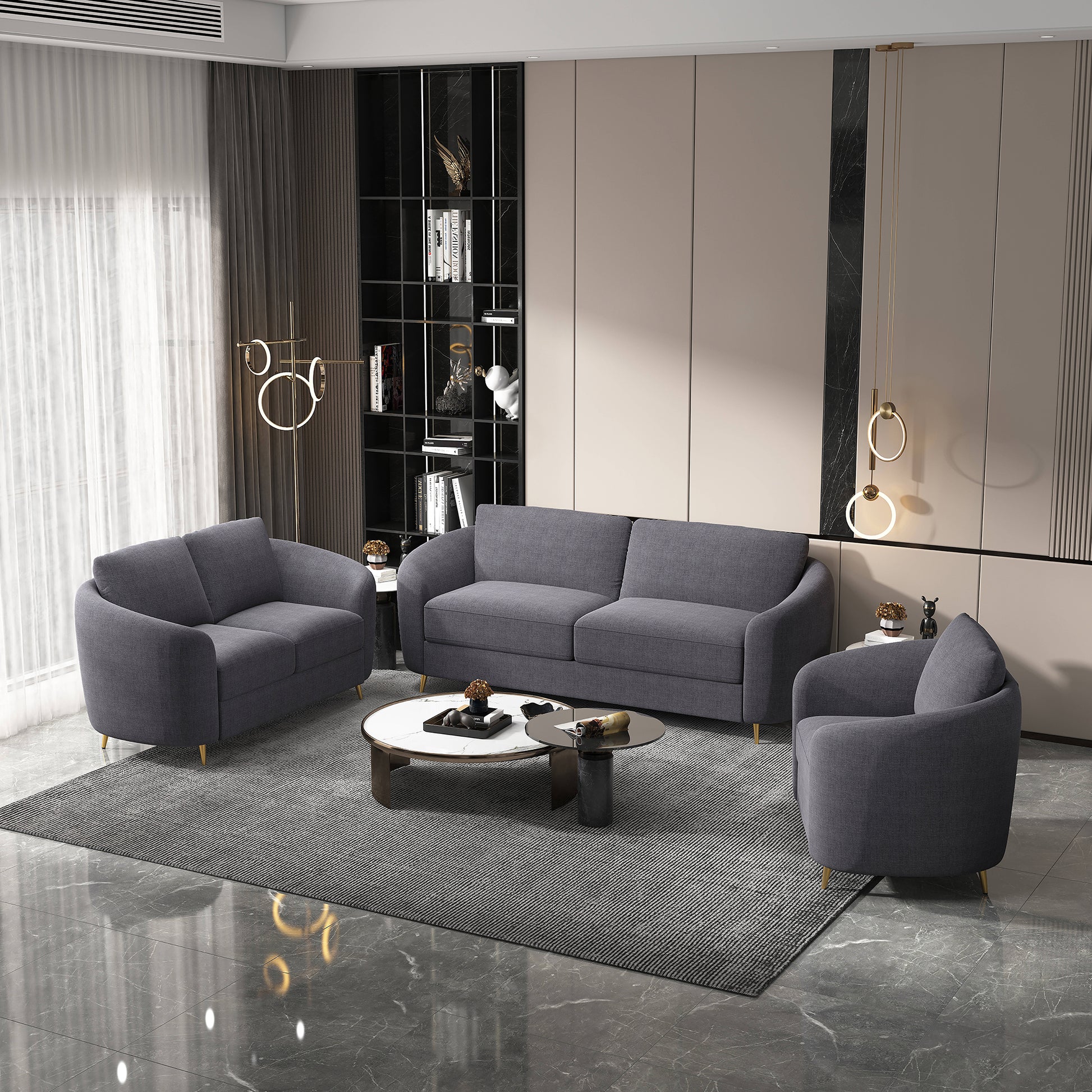 Modern grey upholstered sofa set with gold accents for living room comfort