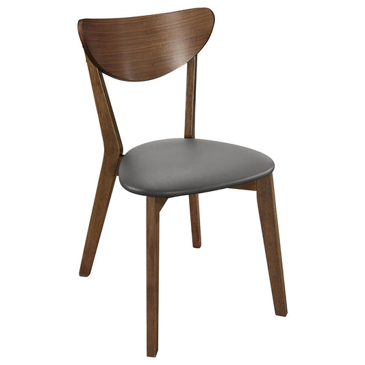 Midcentury modern dining chair with curved walnut wood back and grey faux leather seat