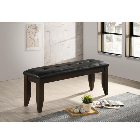 Tufted black leather bench with dark wood legs a stylish and versatile piece for any entryway