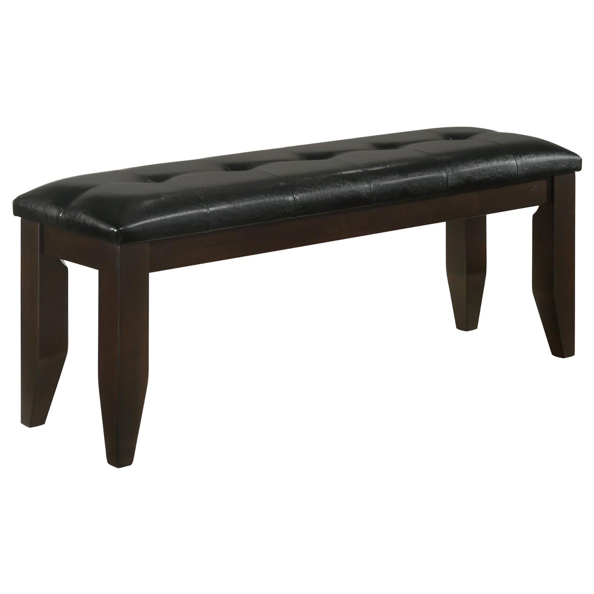 Tufted black faux leather bench with dark wood tapered legs
