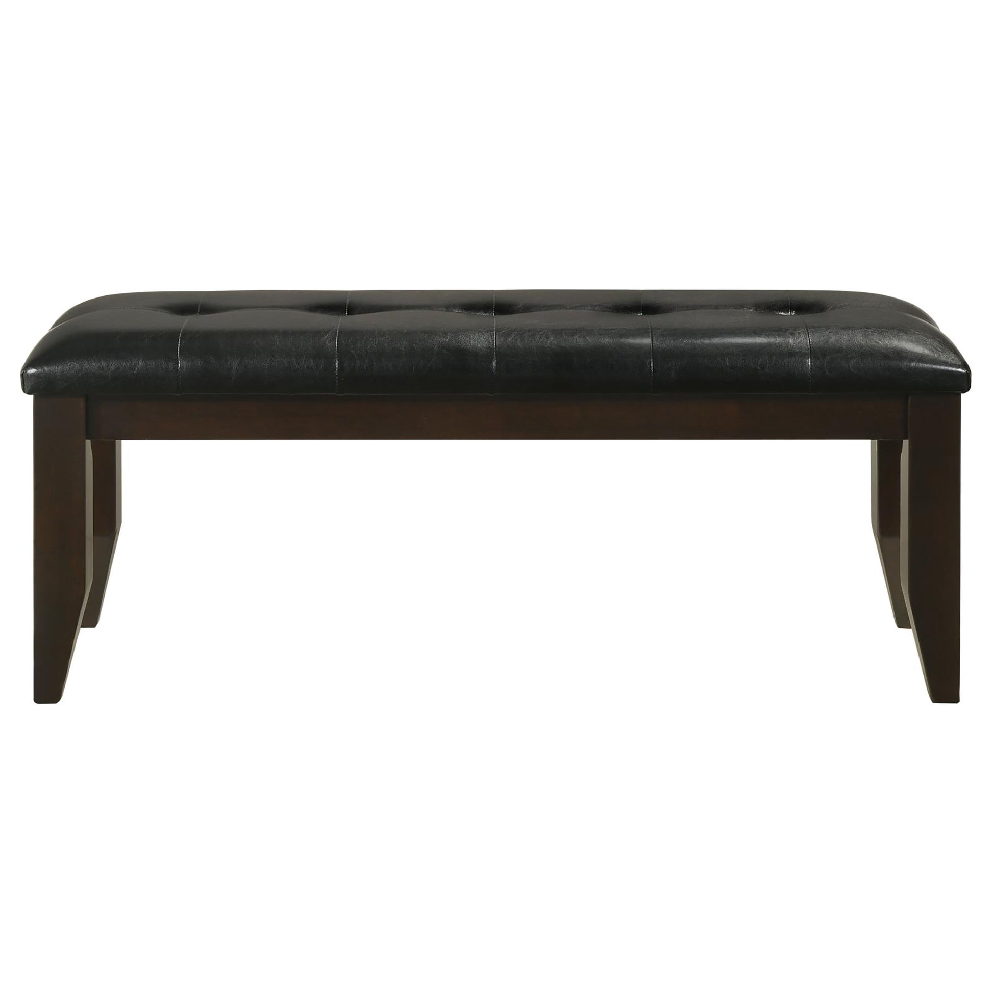 Tufted black faux leather bench with dark wood legs and a rectangular seat