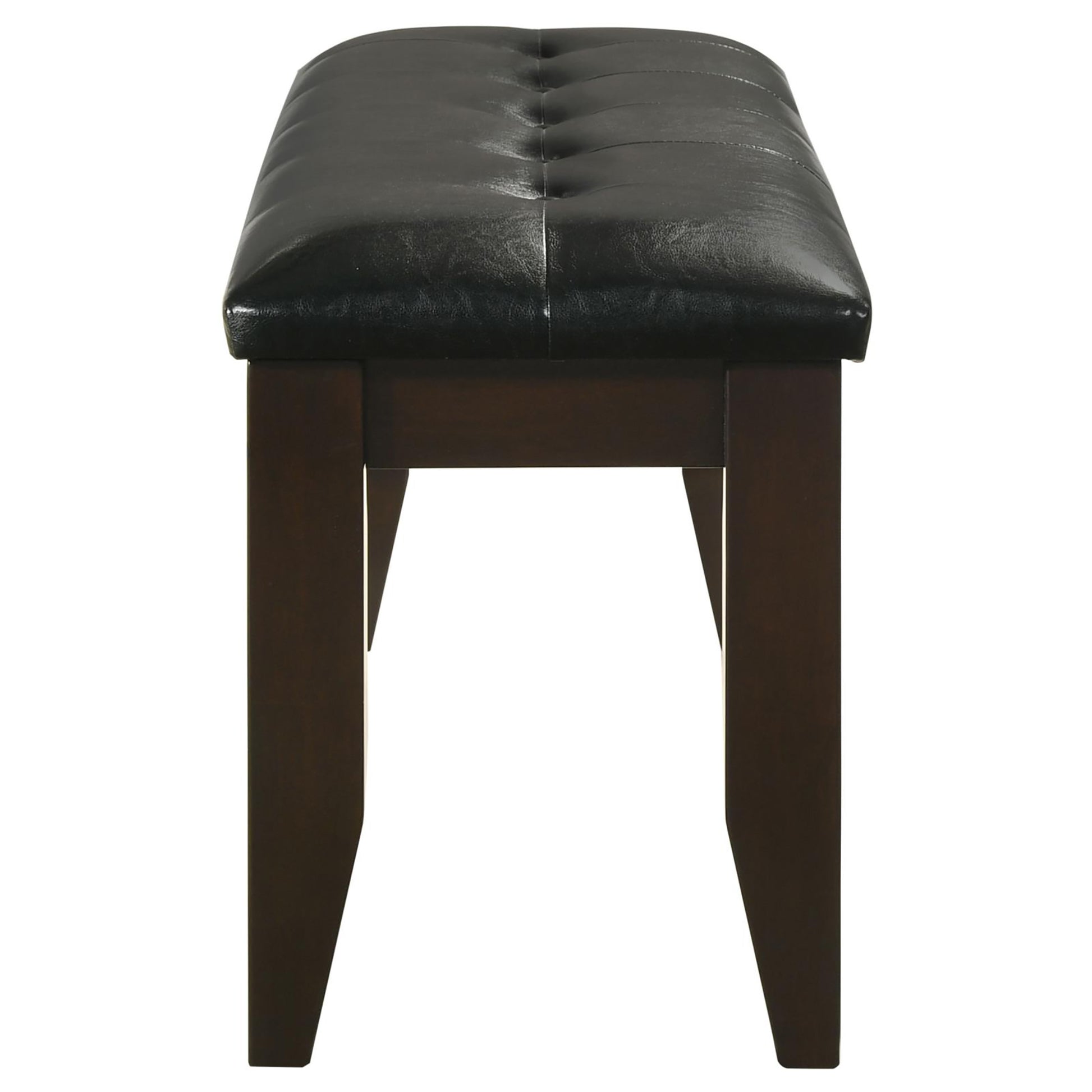 Tufted black faux leather bench with dark wood legs elegant for entryway seating