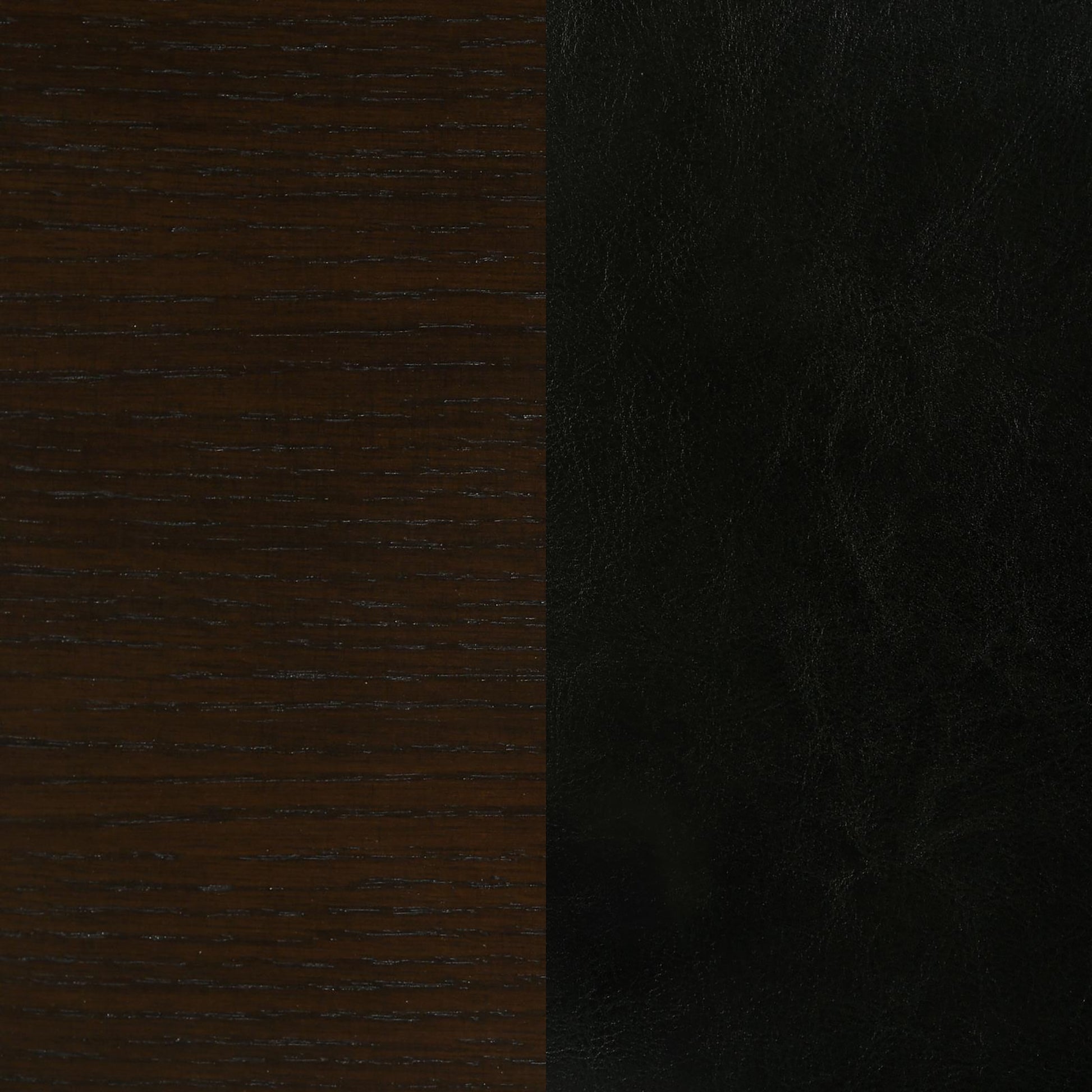 Dark stained oak wood grain next to a black leather texture