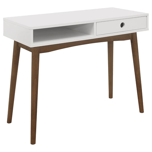 Modern white writing desk with open shelf and single drawer on tapered wooden legs