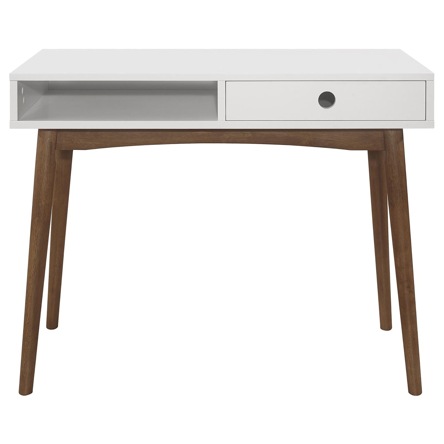 White midcentury modern desk with tapered wooden legs and one drawer