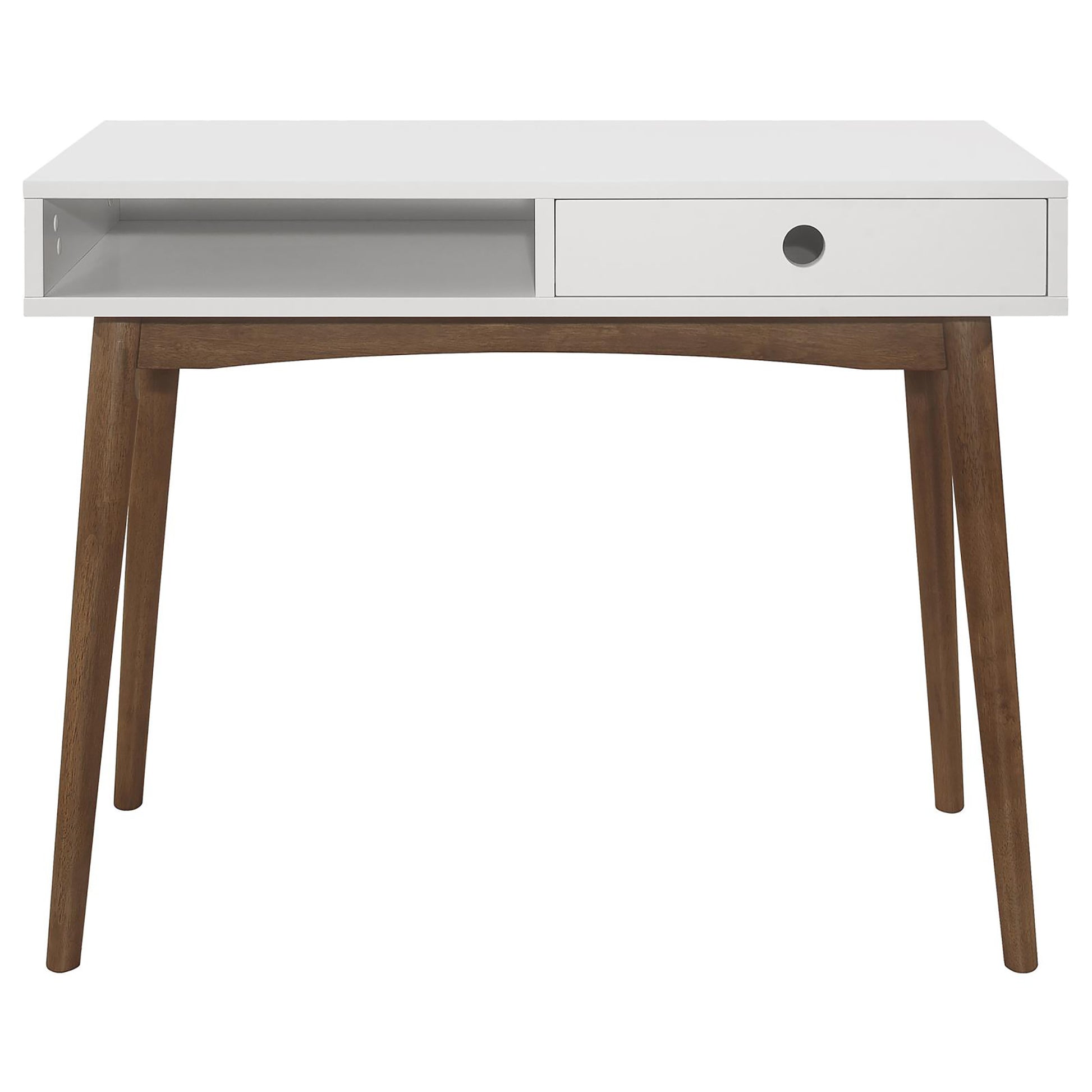 White midcentury modern desk with tapered wooden legs and one drawer
