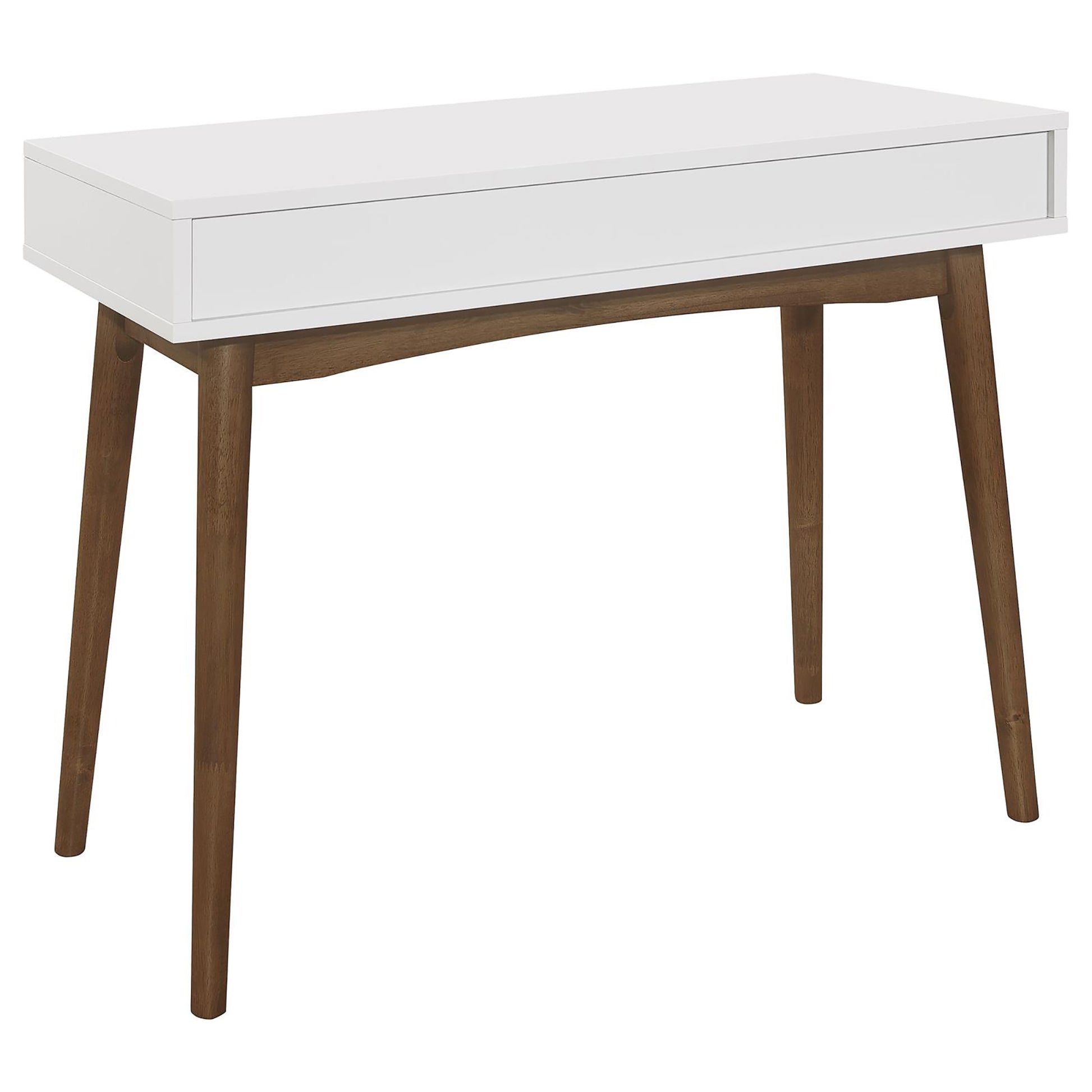 White midcentury modern desk with tapered wooden legs and a single drawer