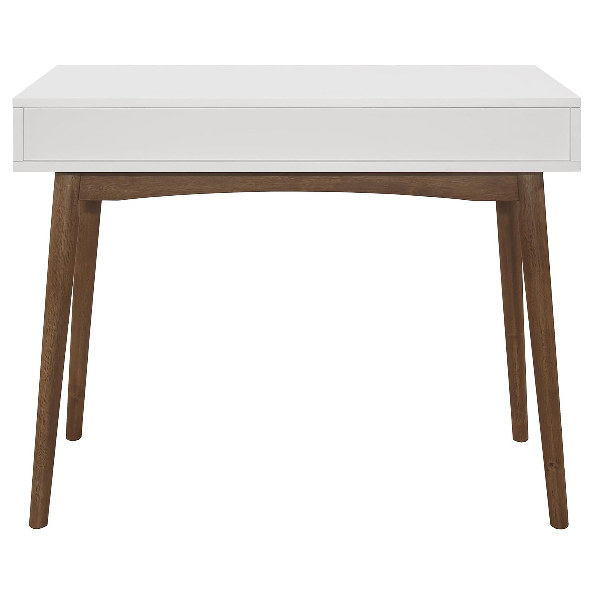White minimalist desk with single drawer and walnutfinished tapered legs
