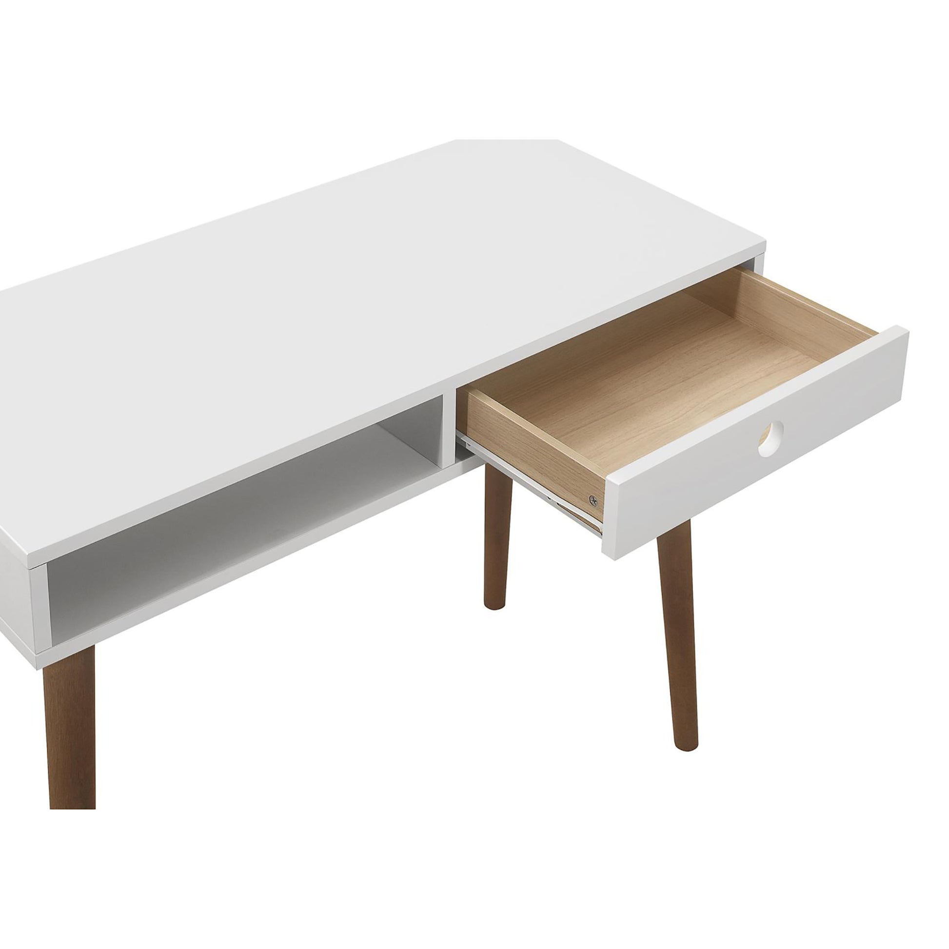 Minimalist white desk with open drawer and warm wood interior perfect for home office setup