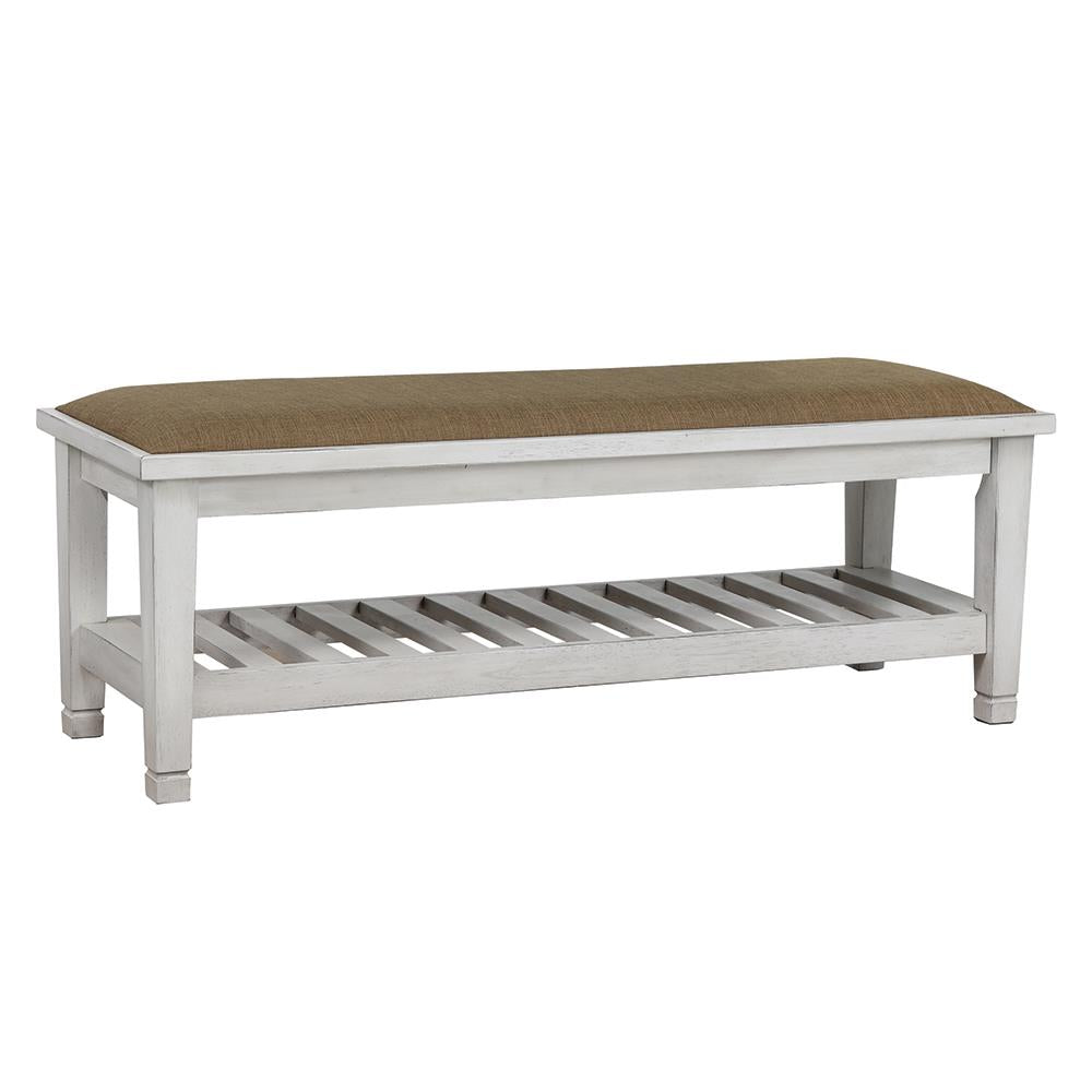 White wood bench with upholstered seat and slatted shelf