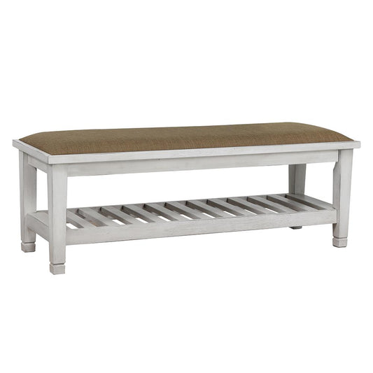 White wood bench with upholstered seat and slatted shelf