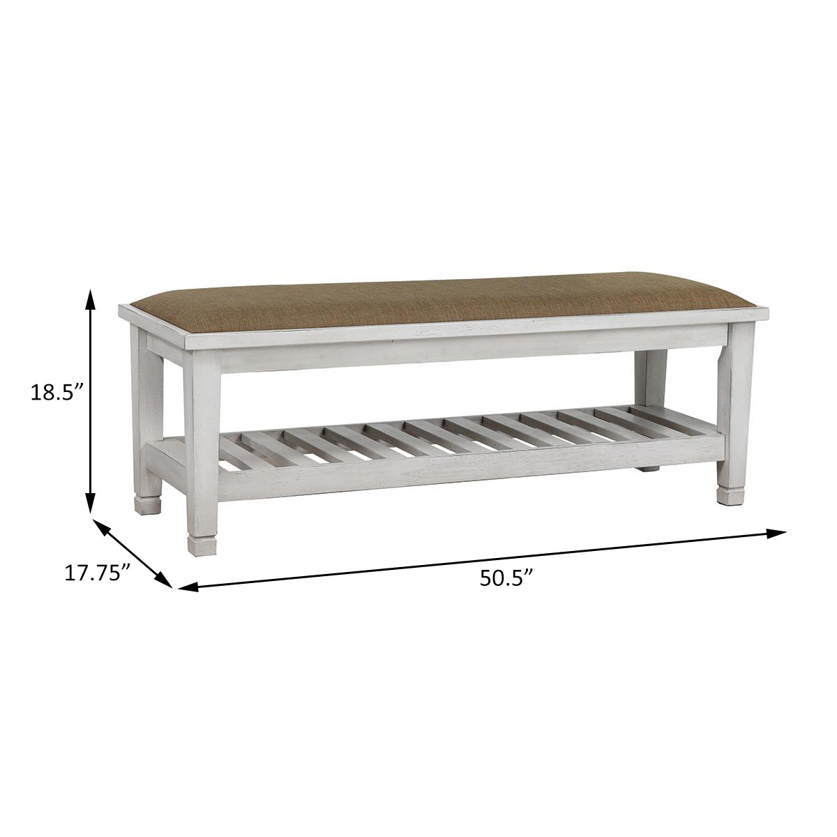 White distressed wood bench with tan upholstered seat and slatted shelf