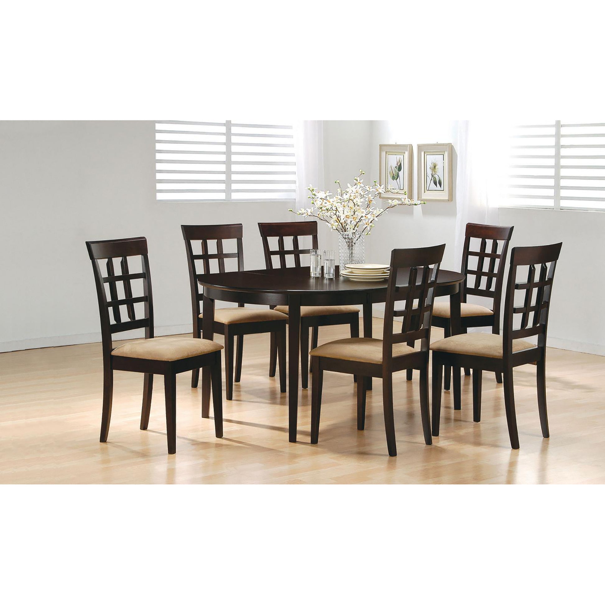 Dark wood dining table with upholstered chairs featuring a grid back design