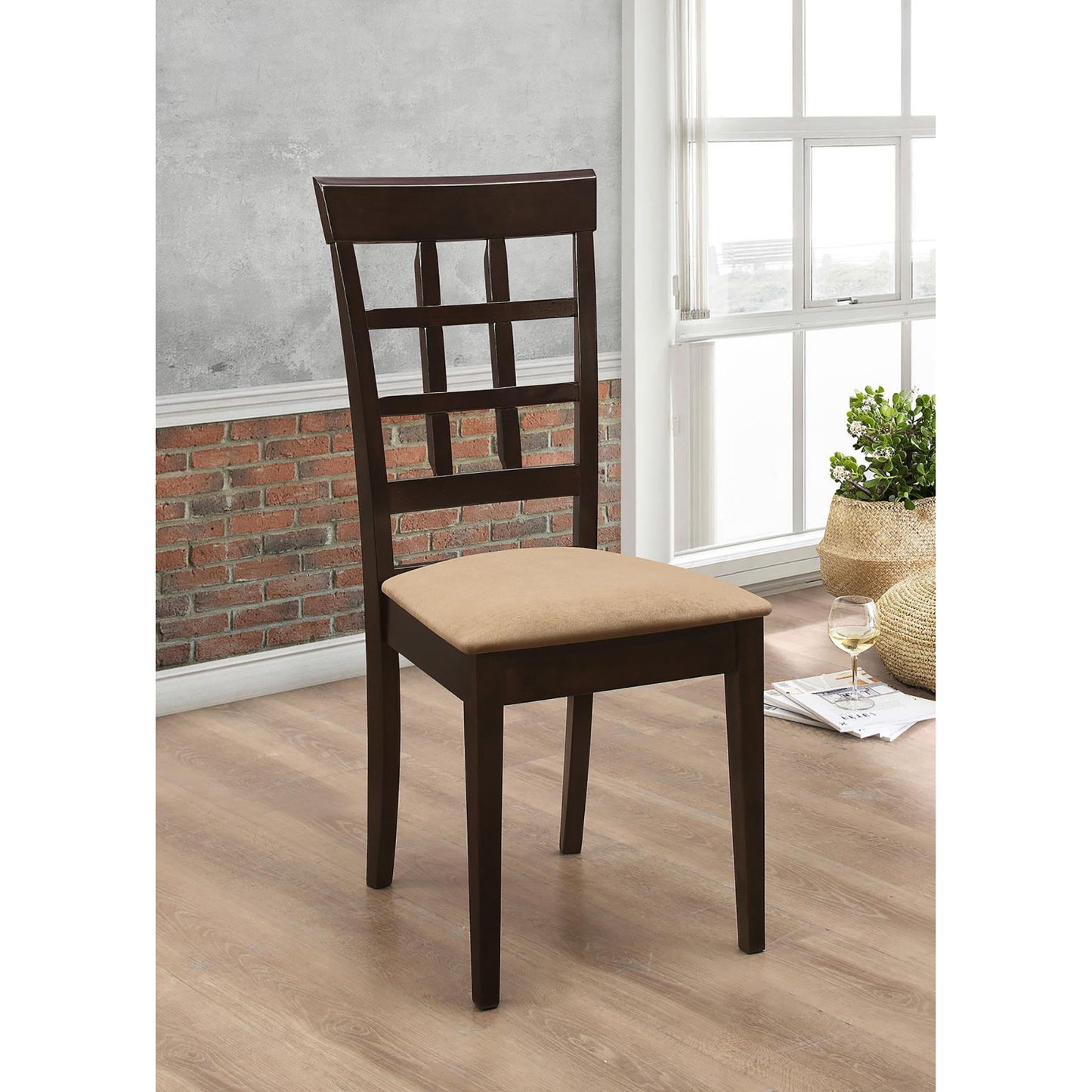 Dark wood dining chair with tan upholstered seat and lattice back